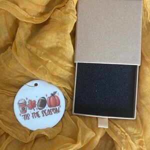 6/$20 'Tis The Season' Ceramic Ornament - Fall Coffee & Pumpkin Design NWT & Box